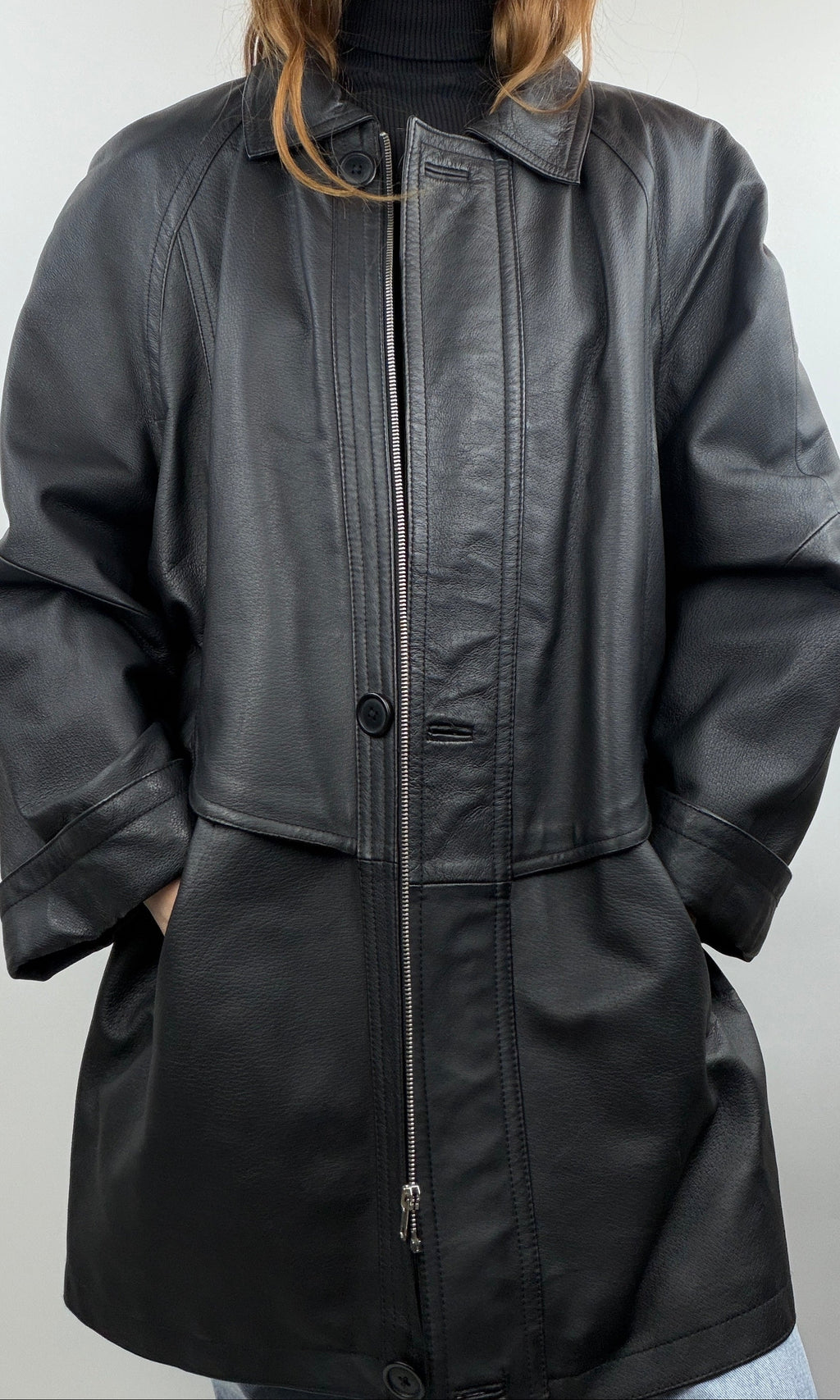 Manteau en cuir noir vintage "Biaggini"
