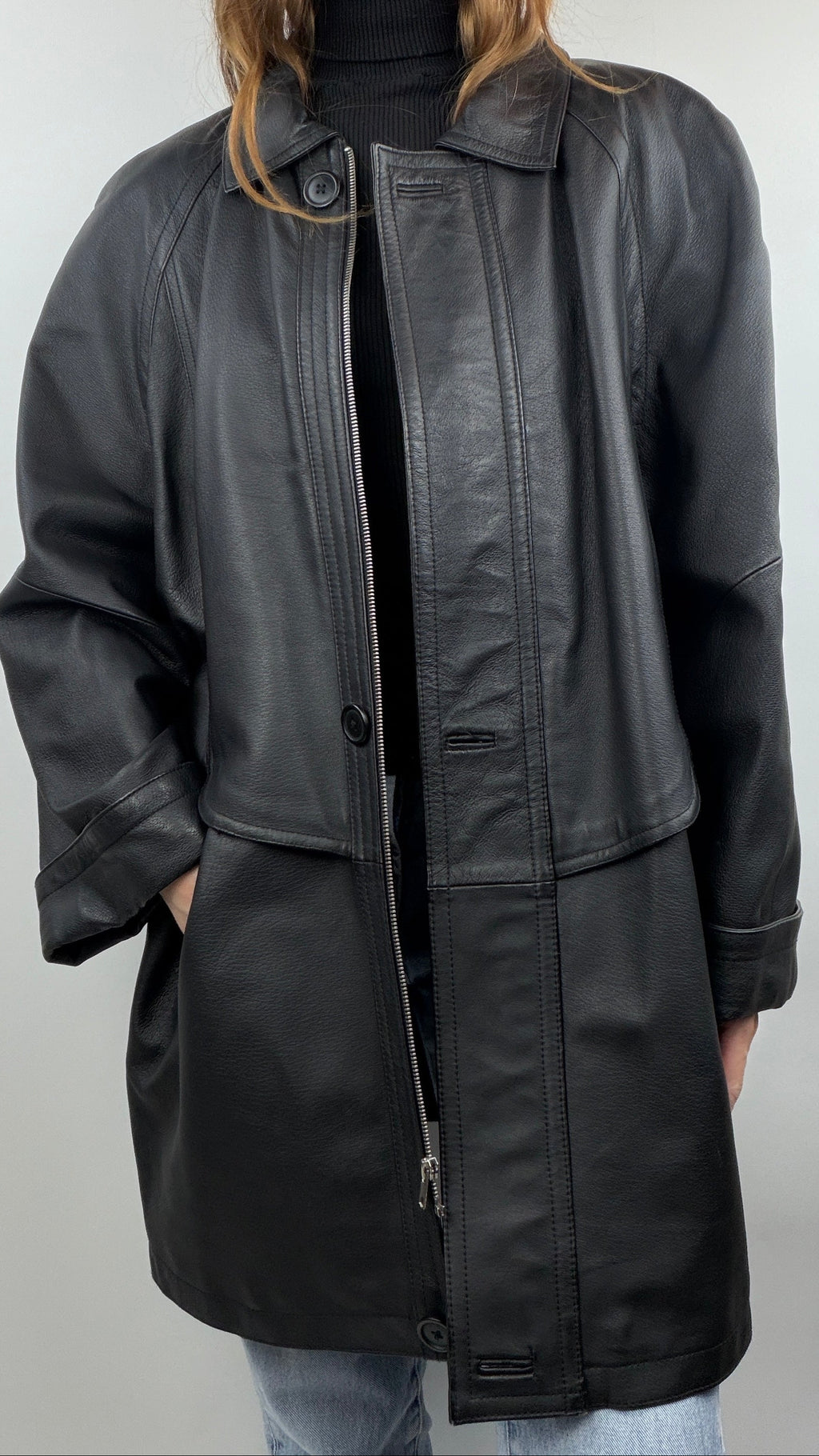 Manteau en cuir noir vintage "Biaggini"